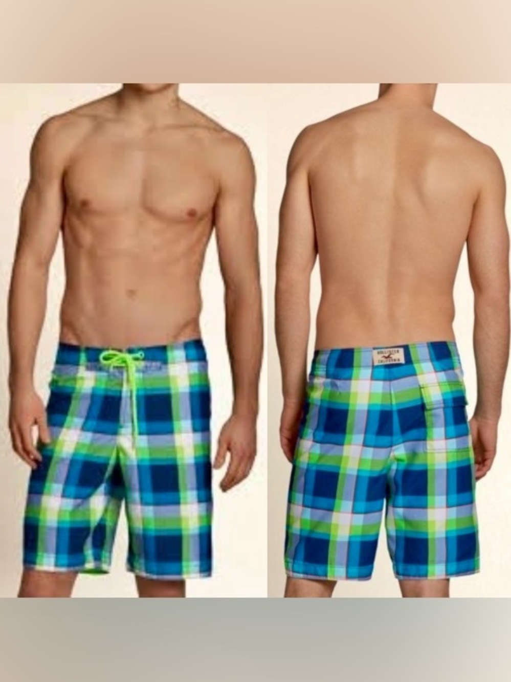 Hollister Y2K long Boardshorts Blue & Neon Green Plaid Swim Trunks size medium